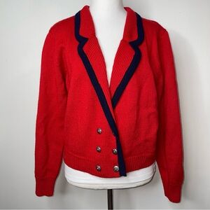 Vintage LL Bean Wool Double Breasted Knit Cardigan Red Sweater Blue Trim Size L